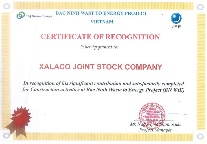 Certificate of Recognition – Bac Ninh Waste to Energy