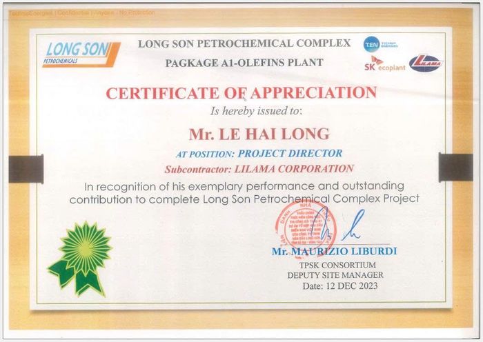 Certificate of Appreciation – Long Son Petrochemical