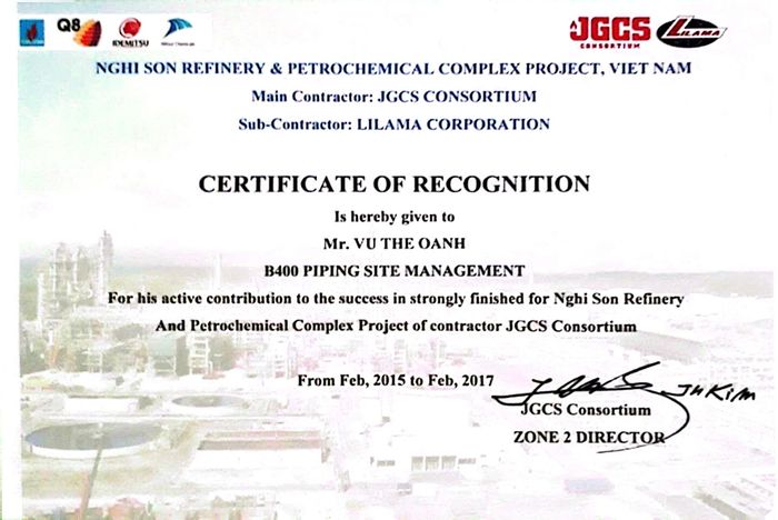 Certificate of Recognition – Nghi Son Refinery